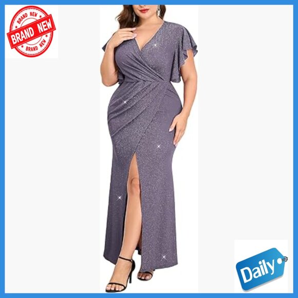 Plus Size Formal Maxi Dress Ruched Ruffle Sleeve V Neck Wrap Slit Evening Gown